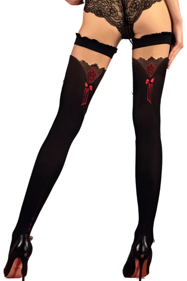 beige schwarze Stockings mit rotem Muster