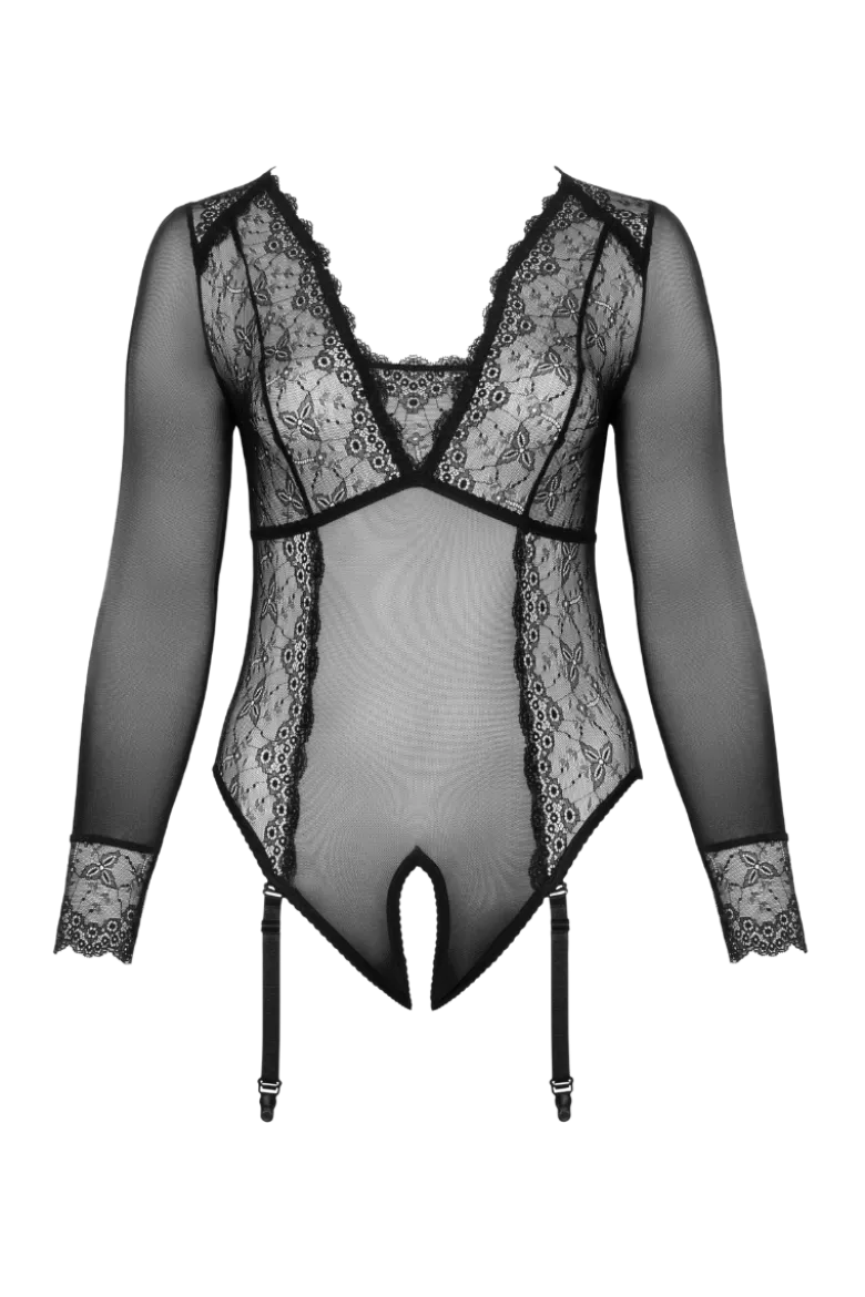 Langarm-Strapsbody schwarz Plus Size