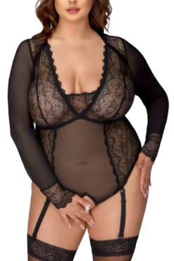 Langarm-Strapsbody schwarz Plus Size