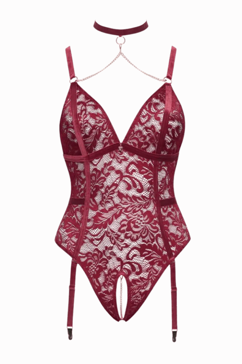 Ouvert Spitzen-Strapsbody in rot Plus Size