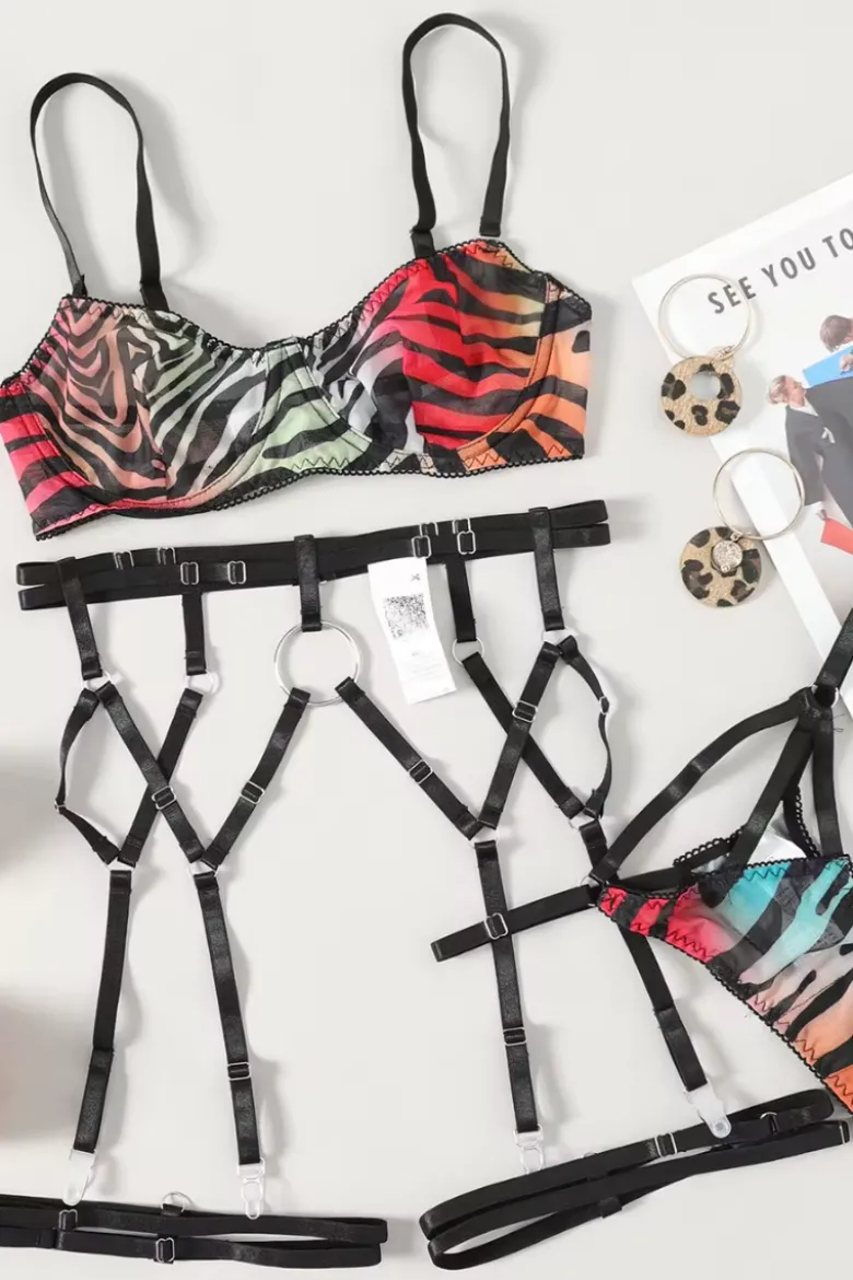 4tlg. Dessous Set Animalprint bunt
