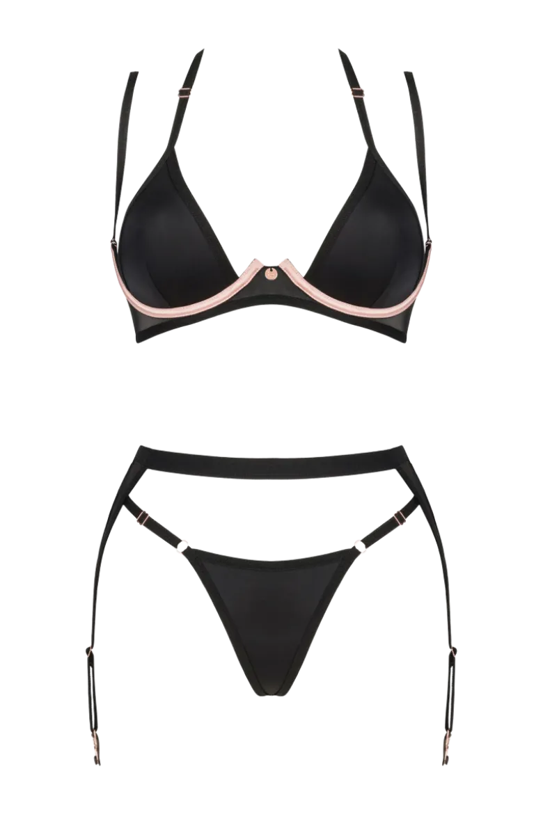 3tlg. Dessous Set beige schwarz