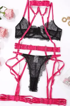 3tlg. Dessous Set fuchsia schwarz