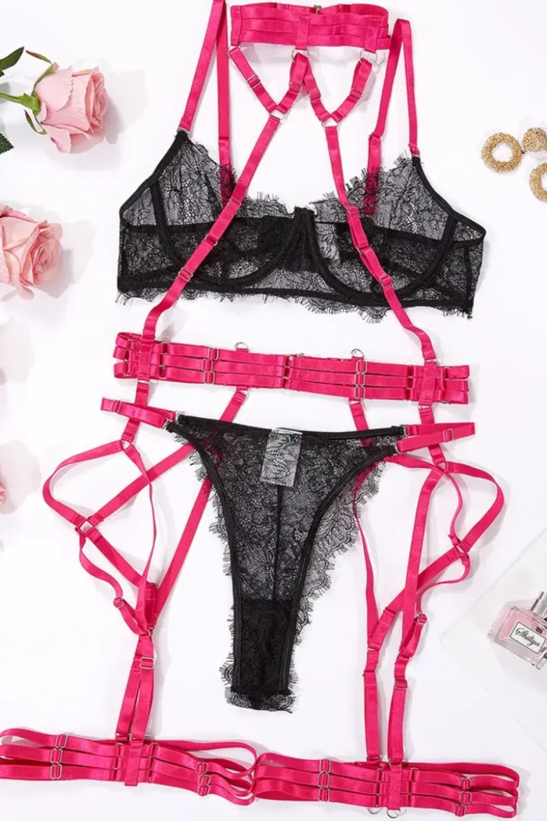 3tlg. Dessous Set fuchsia schwarz
