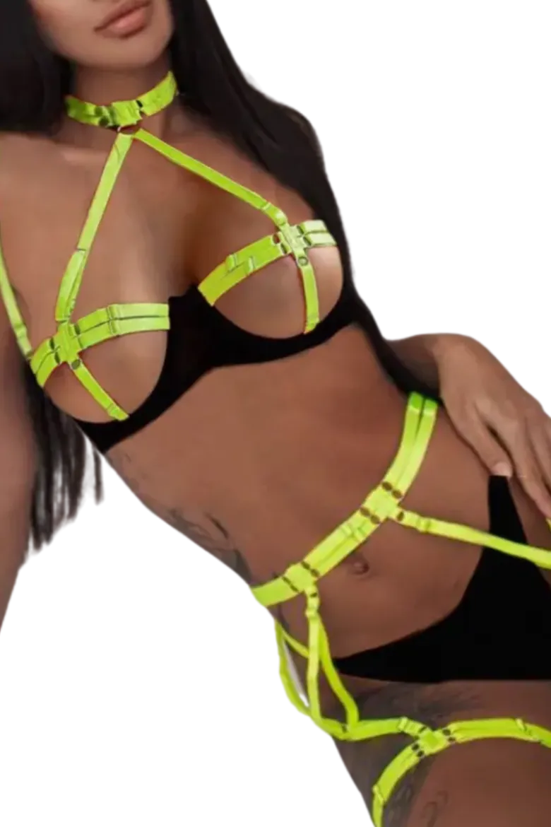 4tlg. Dessous Set mit Bändern - schwarz neongrün