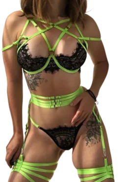 4tlg. Dessous Set mit Netz schwarz neon