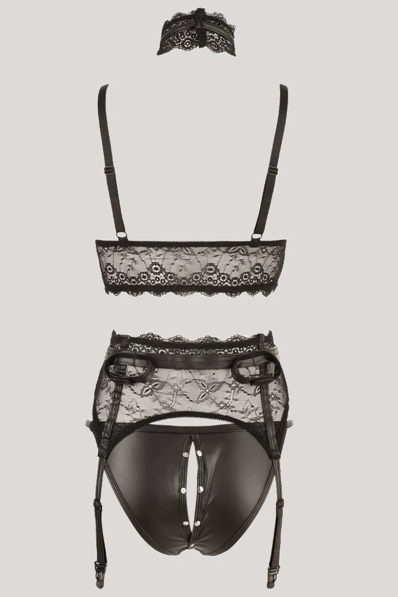 3tlg. Dessous Set mit Wetlook und Nieten