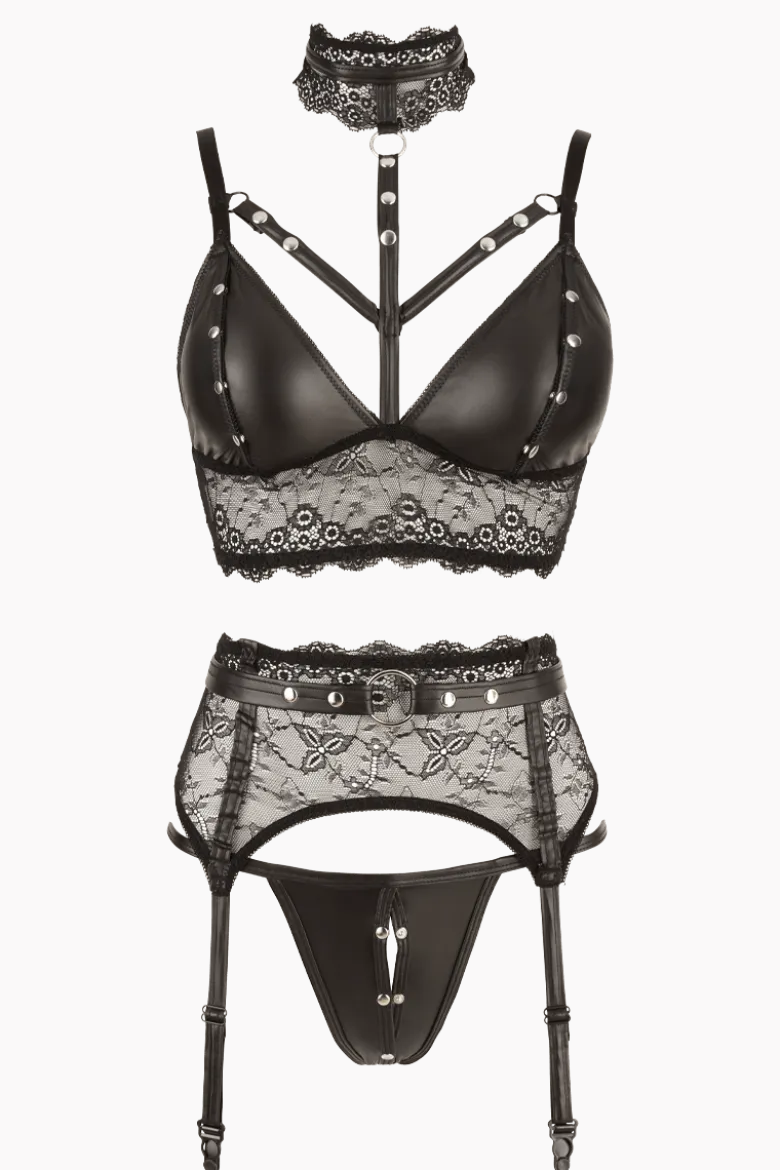 3tlg. Dessous Set mit Wetlook und Nieten