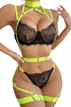 3tlg. Dessous Set neon schwarz