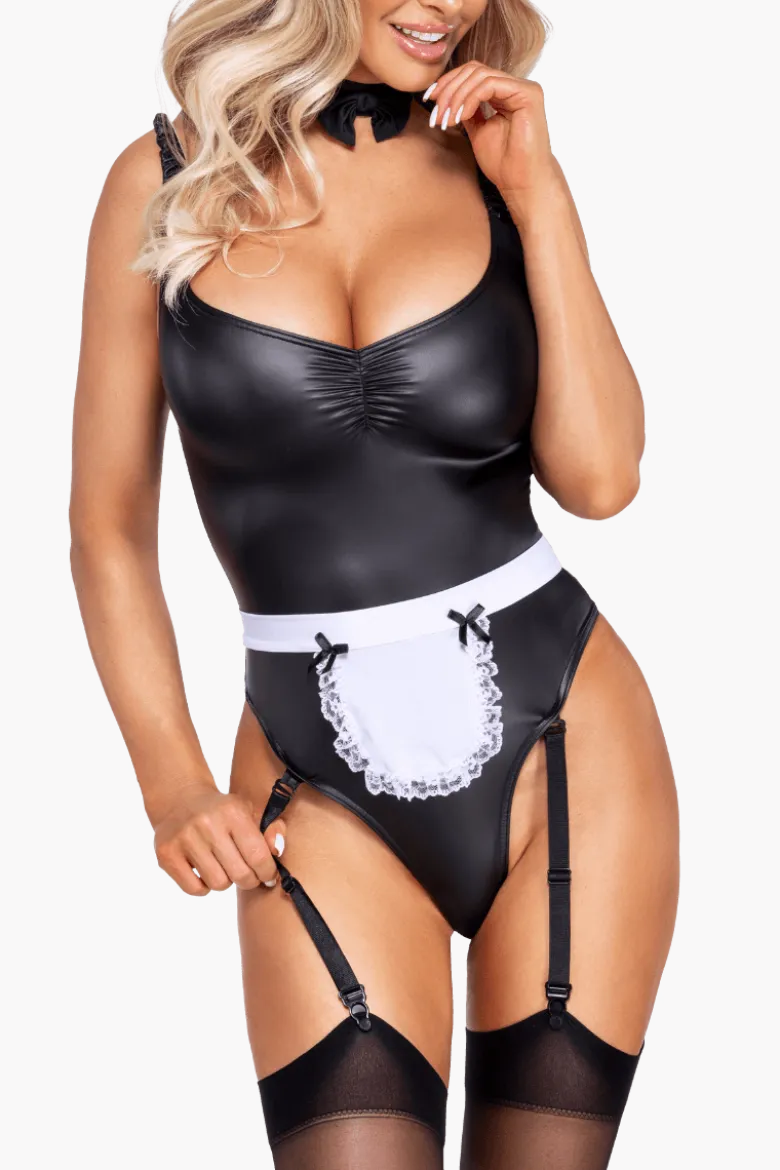 3tlg. Dienstmädchen-Set mit abnehmbarer Schürze
